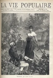 Un anciano lee una carta a una hermosa joven campesina que sostiene una hoz. Cazadores observan la escena a lo lejos. Ilustración de Alfons Maria Mucha