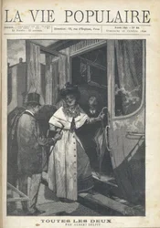 Despedida entre un hombre y una mujer subiendo a un tren en el andén de una estación. Ilustración de Alfons Maria Mucha (Alphonse Maria Mucha)