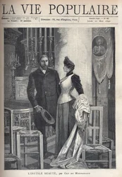En una iglesia, una pareja hermosa y elegante se levanta entre velas y reza a Dios (Ilustración de Alfons Maria Mucha)