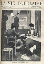 En un restaurante, un hombre y una mujer están separados y cenan. El camarero está agachado cerca del hombre, instalando un ladrillo caliente bajo sus pies. Ilustración de Alfons Maria Mucha (Alphonse Marie Mucha)