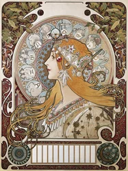 MUCHA, Alphonse Maria (1860-1939). Zodíaco. 1896. (67 x 48 cm). Cartel y calendario publicitarios de la revista "La Plume" (La Pluma). Modernismo. Litografía