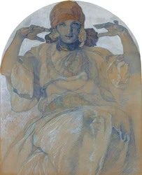 Retrato de la hija del artista, Jaroslava Muchova (1909-1986) - Pintura de Alphons Mucha (1860-1939) - ca 1924 - Colección privada