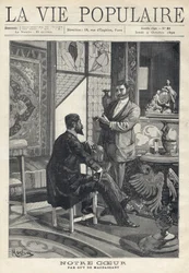 Dos hombres, uno sentado y el otro de pie, se enfrentan y están en plena conversación, fumando cigarrillos en un salón ricamente decorado (vidrieras, muebles, objetos de arte). Ilustración de Alfons Maria Mucha (Alphonse Marie Mucha)
