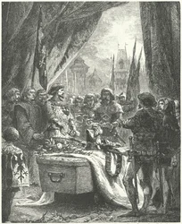 El comandante de Châteauneuf de Randon colocando las llaves de la ciudad en el ataúd de Bertrand du Guesclin