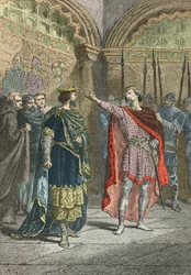 Adalbert comte de la marche desafía a Hugues Capet que te hizo rey (Grabado)