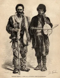 Mendigos itinerantes búlgaros, incluyendo una persona ciega tocando ghuzla (laúd serbio de una cuerda) que acompaña la recitación de poesía y relatos épicos, grabado según el dibujo de A. De Neuville, ilustrando el viaje a Bulgaria, por Guillaume Lejean