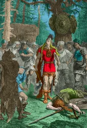Clodoveo ante el guerrero que acaba de matar tras la afrenta del jarrón de Soissons (Grabado)