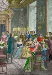 Corneille leyendo Polyeucte en el Hotel de Rambouillet en 1642 (Grabado)