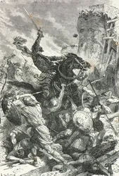 El conde Eudes defiende París contra la invasión vikinga en 885 (Grabado)