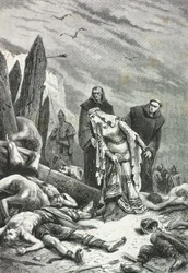 Edith con cuello de cisne encuentra el cuerpo del rey Harold en el campo de batalla de Hastings en 1066 (Grabado)