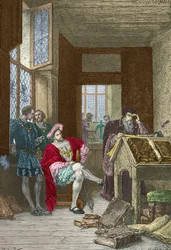 François 1er visita la imprenta de Robert Estienne (Grabado)