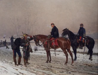General interrogando a un guardia móvil apoyando a un oficial herido, diciembre de 1870