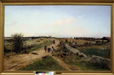 Guerra franco-prusiana. (Escena de la guerra franco-prusiana). Escena de guerra entre Prusia y el Imperio francés del 19 de julio de 1870 al 29 de enero de 1871. Pintura de Alphonse Marie de Neuville (1835-1885). Óleo sobre tela. Museo Nacional de Tula, Ru