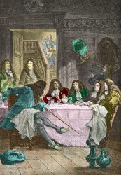 Jean de La Fontaine, Nicolas Boileau Despreaux, Moliere y Racine cenando en un cabaret (Grabado)