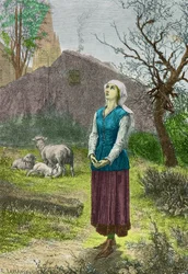 Juana de Arco escucha las voces que le piden liberar Francia en Domremy (Grabado)