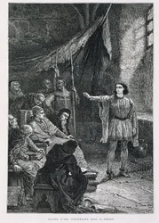 Juana de Arco interrogada en su prisión - en "Historia de Francia" de Guizot, grabado por De Neuville