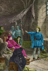 Juana de Arco es interrogada por el cardenal de Winchester (Grabado)