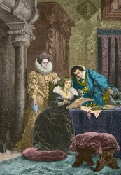 María de Médicis bajo la influencia de Concino Concini y Leonora Dori (Grabado)