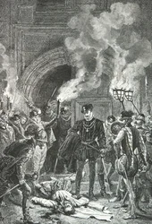 Masacre de Saint Barthelemy, el duque de Guise empuja con el pie el cadáver de Gaspard de Coligny (Grabado)