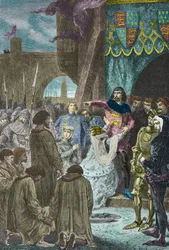 Philippa de Hainaut ruega a Eduardo 3 de Inglaterra que perdone a los burgueses de Calais en 1347 (Grabado)