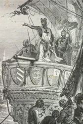 Ricardo Corazón de León abandona Tierra Santa en 1192 (Grabado)