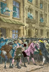 Calle Quincampoix, donde se reúnen los especuladores, hacia 1720 (Grabado)