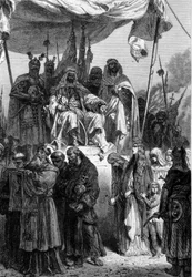 Los cristianos de Jerusalén partiendo antes de Saladino (1138-1193) (Salah al Din Yusuf al-Ayyubi) después de la captura de la Ciudad Santa - grabado por Neuville