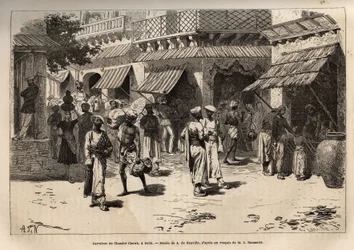 La encrucijada de Chandni Chowk, la calle de los gusanos de oro, la principal arteria de actividades comerciales y artesanales, que cruza Delhi desde la gran puerta del palacio hasta la puerta de Lahore, grabado según el dibujo de A. de Neuville, ilustrand