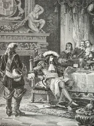 Guillermo 3 de Orange Nassau se entera del reconocimiento del rey Jacobo 3 de Inglaterra por Luis 14 (Grabado)