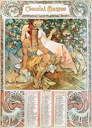 Página de calendario del año 1898 decorada con una ilustración publicitaria de Alphonse Mucha para los chocolates Masson - “La Edad Media”