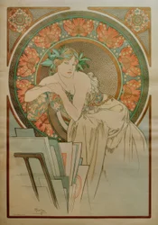 Mujer con amapolas y carpeta de gráficos