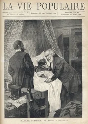 Dos hombres se inclinan sobre una cama para ver la muerte de un hombre. En la puerta, otros hombres observan la escena. Ilustración de Alfons Maria Mucha (Alphonse Marie Mucha)