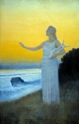 Himno al mar Joven mujer sosteniendo una lira frente al mar. Personaje evocando a la poetisa griega de la Antigüedad Safo