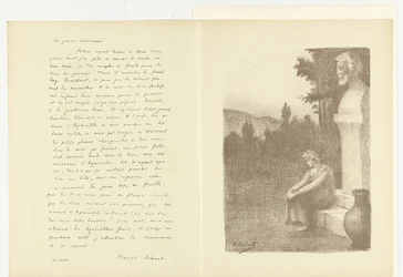 Ilustración con una mujer sentada cerca del busto de un hombre y un cántaro para el poema La jarre couronnée de Marcel Schwob
Ilustración de La jarre couronnée de Marcel Schwob
L