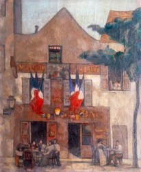 Vista de la fachada del famoso restaurante parisino en Montmartre, con banderas en la ventana y gente sentada a una mesa.