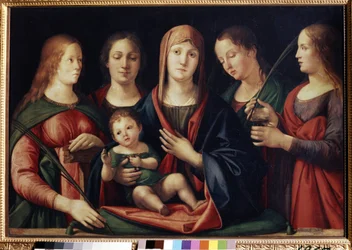 La Virgen y el Niño con Marie Madeleine Sainte Catherine y dos santos (Virgen y el Niño con María Magdalena, Santa Catalina y dos santos). Pintura de Alvise Vivarini (circa 1446-circa 1505). Óleo sobre lienzo, 89 x 129 cm