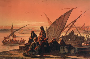 Barcos en el río Nilo, cerca de las pirámides