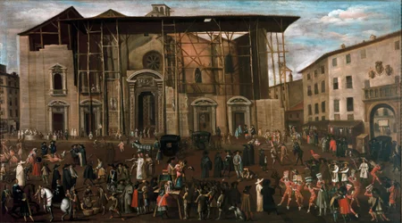 Vista de la plaza Mercanti con escenas de carnaval
