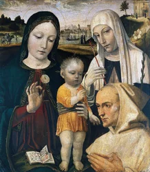 Madonna y el Niño, Santa Catalina de Siena y un monje cartujo, c. 1490