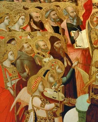 Detalle de un altar: Santos y ángeles adorando a Cristo ...