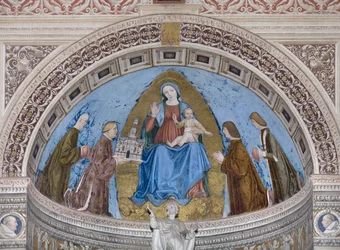 Gian Galeazzo Visconti y sus hijos Filippo Maria, Giovanni Maria y Gabriele Maria presentando el modelo de la Certosa a la Virgen María y el Niño