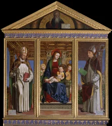 Virgen y Niño con los Santos San Hugo de Avalon (o Hugo de Lincoln) (1140-1200) y San Hugo de Grenoble (o Hugo de Chateauneuf) (1053-1132) Pintura de Ambrogio da Fossano dit il Bergognone (1481-1522) Catedral de San Justo, Susa, Turín