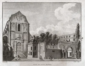 La iglesia de los Blancs Manteaux en el distrito de Marais en París. circa 1780 (grabado)