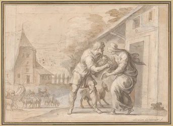 El cabrero Lamon entregando al infante Daphnis a su esposa Myrtele