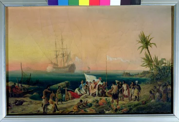 Jean de Bethencourt (c.1360-1425), navegante normando, descubriendo la isla de Lanzarote en 1402, 1848