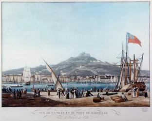 Vista del puerto de Marsella durante la Restauración Acuarela por Ambroise Louis Garneray (1783-1857) siglo XIX Marsella, Museo de la Marina