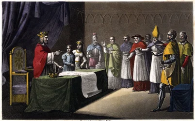 Asamblea de Worms: Luis I el Piadoso (778-840), rey de Francia, depuesto por sus tres hijos (Lotario, Pepino y Luis) por haber querido rediseñar su reino en beneficio de su cuarto hijo (Carlos, una figura en azul junto al rey) en 833