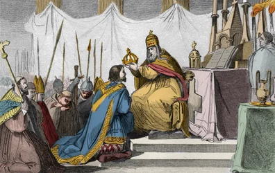 Carlomagno (742-814) coronado por el Papa León III (c750-816) en la basílica de San Pedro en Roma el 25 de diciembre de 800 - Coronación de Carlomagno (742-814) en 800 por el Papa León III - Grabado de 1825 en “Historia de Francia representada por pinturas