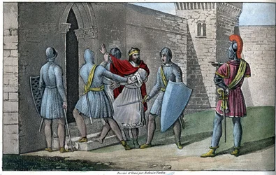 Carlos III, "El Simple" (879-929), dinastía Carolingia. Detrone en 922 y obligado a salvarse, se refugió con Herbert II de Vermandois (ca. 880-943) quien lo mantuvo prisionero en el castillo de Peronne en 923. - Diseñado y grabado por Ambroise Tardieu