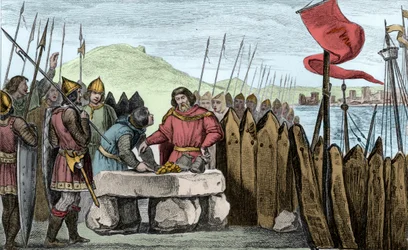 Carlos III el Gordo (839-88) paga a los invasores vikingos en 886 - Carlos III el Gordo (839-888) Emperador de Occidente (881-887) y Regente de Francia (884-887) acampado bajo las murallas de París sin atreverse a luchar contra los normandos, prefiriendo c